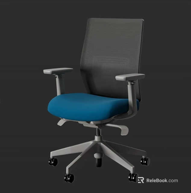 Gray Mesh Back Office Chair With Blue Cushioned Seat And Silver Base 3d model 