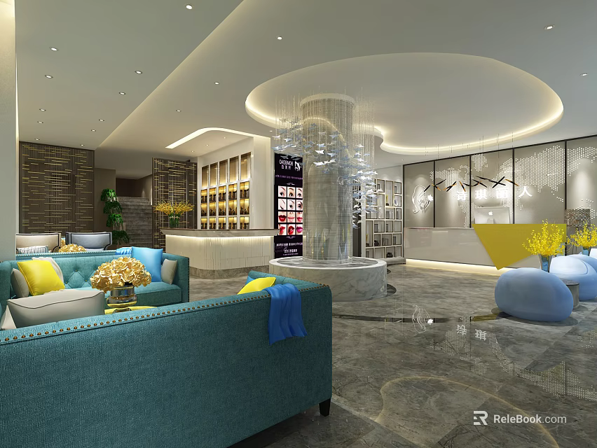 Modern Store Front Desk Interior With Blue Sofas Marble Floor And Decorative Plants 3d model 