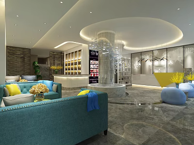 Modern Store Front Desk Interior With Blue Sofas Marble Floor And Decorative Plants 3d model