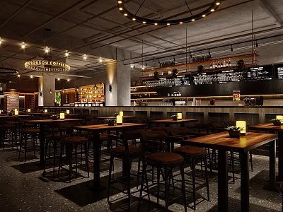 Modern Industrial Grill Restaurant With Open Layout Wooden Tables Bar Counter And Hanging Lights 3d model