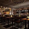 Modern Industrial Grill Restaurant With Open Layout Wooden Tables Bar Counter And Hanging Lights
