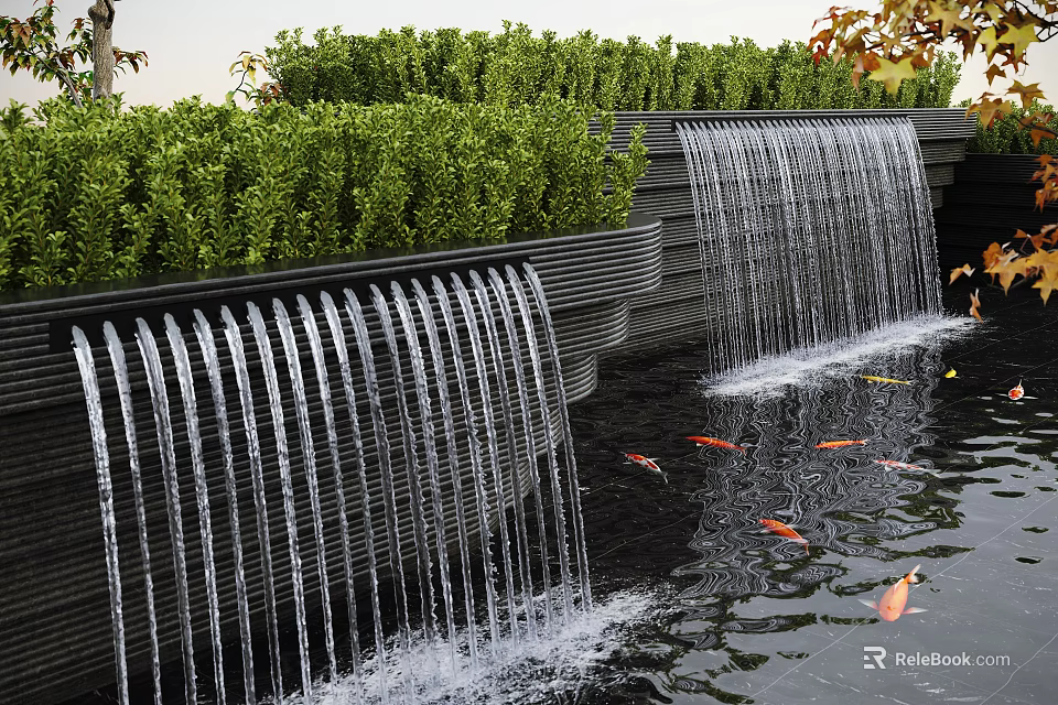 Stunning Garden Water Fountain With Cascading Waterfalls Koi Fish And Green Shrubs 3d model 
