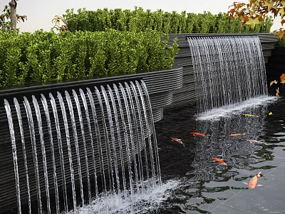 Stunning Garden Water Fountain With Cascading Waterfalls Koi Fish And Green Shrubs 3d model