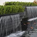 Stunning Garden Water Fountain With Cascading Waterfalls Koi Fish And Green Shrubs