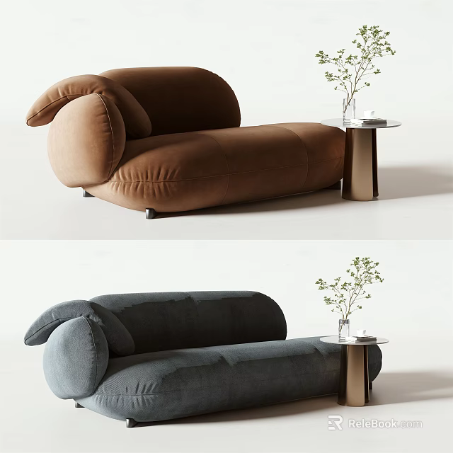 Modern Brown And Gray Multi-seat Sofa With Velvet Fabric And Side Table Potted Plant 3d model 