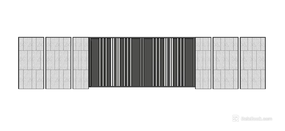 Modern Outdoor Feature Wall With Black Vertical Stripes And Gray Stone Panels 3d model 