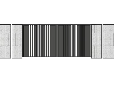 Modern Outdoor Feature Wall With Black Vertical Stripes And Gray Stone Panels 3d model