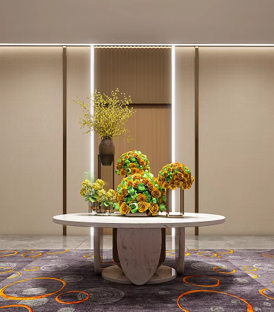 Elegant Console Table Display With Yellow Flowers Green Orange Floral Balls And Decorative Vase 3d model