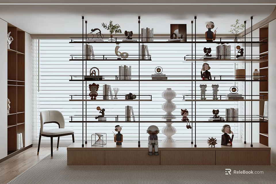 Modern Bookcase With Open Multi Tiered Shelves Decorative Figurines Potted Plants And Books 3d model 