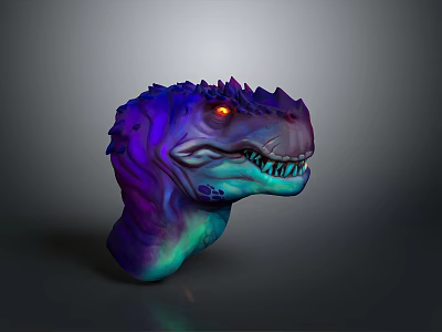 Game Movie Character Mythical Dinosaur Head 3D Model With Purple Blue Gradient Red Glowing Eyes 3d model