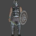Man in Medieval Metal Armor Wearing Perforated Helmet With Decorative Details Against Dark Background