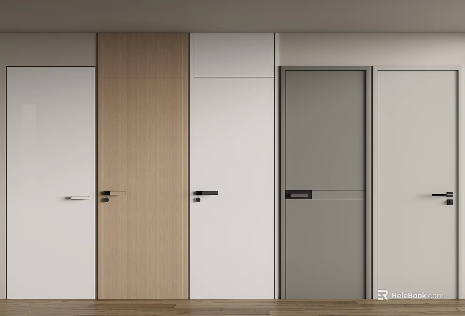 Modern Interior Design With Various Hinged Doors In White Gray And Wooden Finishes 3d model 
