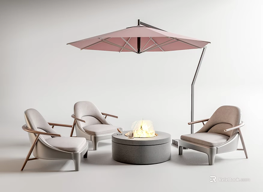 Outdoor Sofa Set With Armchairs Fire Pit Table And Sunshade Umbrella 3d model