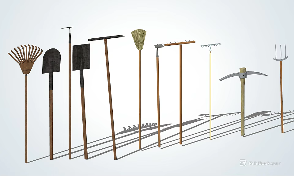 Industrial Equipment Including Various Gardening Tools Shovel Rake Hoe Broom And Pickaxe 3d model 