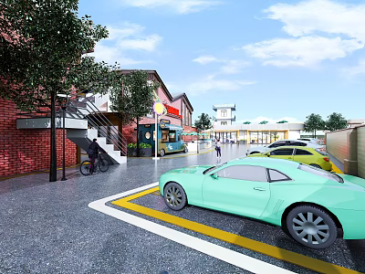 Vibrant Commercial Street With Red Brick Buildings Trees Pedestrians And Parked Cars 3d model
