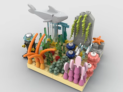 Underwater Themed Building Blocks Set With Diver Coral Seaweed And Shark Figure 3d model
