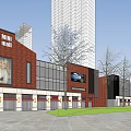 Modern Commercial Street with Tall Skyscrapers Digital Billboards Pedestrians Outdoor Seating and Evening Lighting