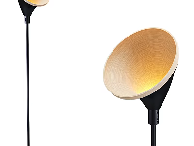 Modern Floor Lamp with Wooden Conical Shade Black Stand and Warm Yellow Light 3d model
