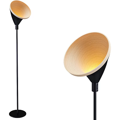 Modern Floor Lamp with Wooden Conical Shade Black Stand and Warm Yellow Light 3d model