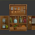 Wooden Open Decorative Cabinet With Gardening Tools Bottles Flower Pots And Calendar