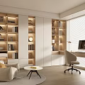 Modern Cream Style Study Desk and Chair Suspended Table Bookcase Locker Computer Table and Chair Book Ornaments Bay Window 3d model
