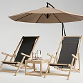 Two Wooden Frame Lounge Chairs With Black Seats And Side Table Under Umbrella