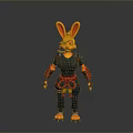 3D Rendered Rabbit Woman Wearing Black Red Combat Suit with Yellow Ears Standing Gray Background
