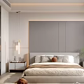 Modern Bedroom Interior With Gray Headboard Wall Bed Nightstands Plant And Window Bench