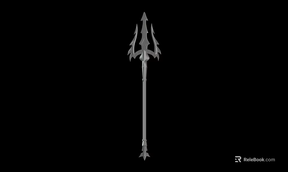 Mythical Metal Three Pronged Spear Weapon With Decorative Shaft Design 3d model 