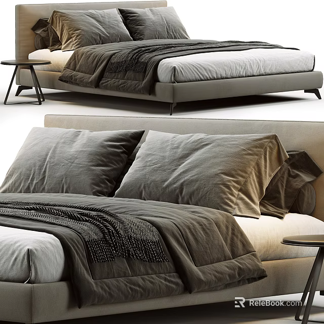 Modern Double Bed With Soft Gray Bedding Cozy Pillows And Minimalist Frame 3d model