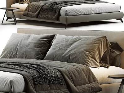 Modern Double Bed With Soft Gray Bedding Cozy Pillows And Minimalist Frame 3d model