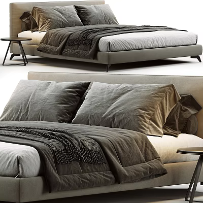 Modern Double Bed With Soft Gray Bedding Cozy Pillows And Minimalist Frame 3d model