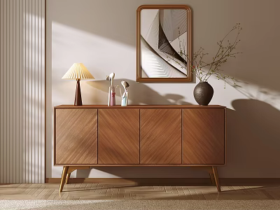 Walnut Wood Entryway Console Cabinet With Decorative Table Lamp Vase And Mirror 3d model