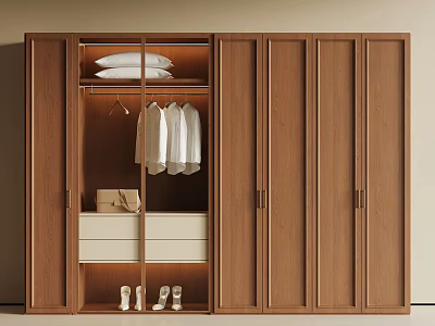Modern Wooden Wardrobe With Open Storage Hanging Shirts Drawers And Shoes 3d model