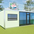Modern Container House With Large Glass Windows Roof Railing Sign Green Grass And Trees
