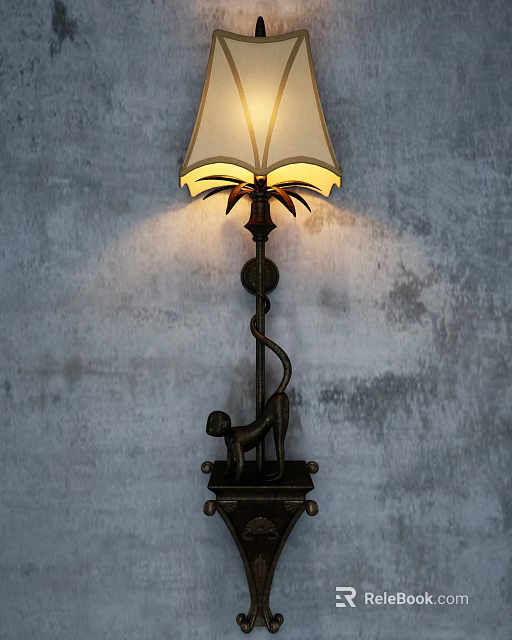 Vintage Wall Lamp With Monkey Sculpture Base And Linen Shade Illuminating Gray Textured Wall 3d model 