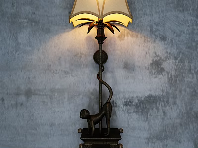 Vintage Wall Lamp With Monkey Sculpture Base And Linen Shade Illuminating Gray Textured Wall 3d model