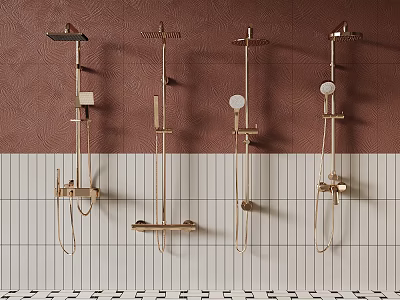 Elegant Gold Showerheads Mounted On Brown And White Tiled Bathroom Wall 3d model