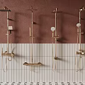 Elegant Gold Showerheads Mounted On Brown And White Tiled Bathroom Wall