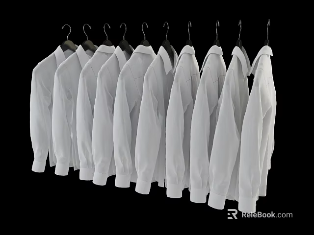 White Shirts Hanging on Hangers in a Row Against Black Background 3d model 