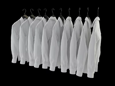 White Shirts Hanging on Hangers in a Row Against Black Background 3d model