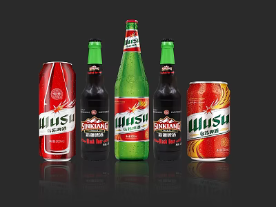 WUSU Beer Bottles And Cans Display In Red Green And Black Packaging 3d model