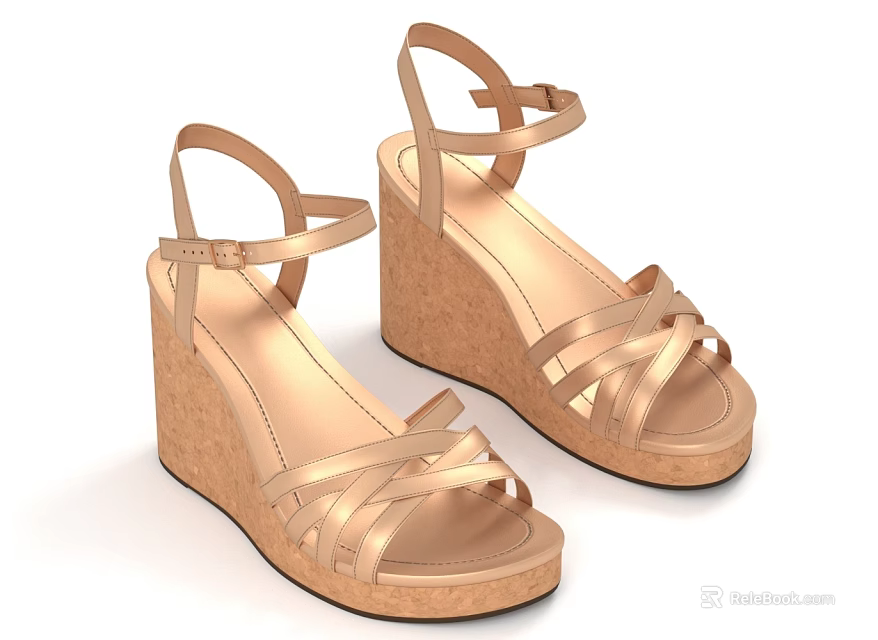 Elegant Women's Wedge Sandals With Crisscross Straps Ankle Buckle And Cork Sole 3d model 