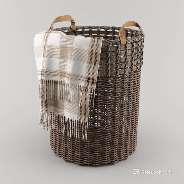 Brown Wicker Basket Wall Decor With Plaid Blanket And Fringe 3d model 