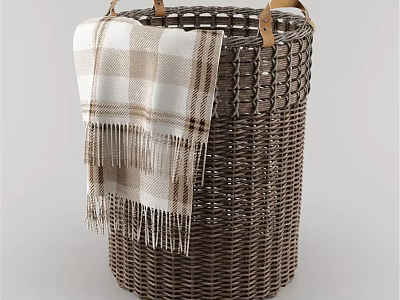 Brown Wicker Basket Wall Decor With Plaid Blanket And Fringe 3d model
