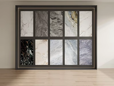 Landscape Paintings with Diverse Marble Textures in Black Framed Display on Light Wall Wooden Floor 3d model