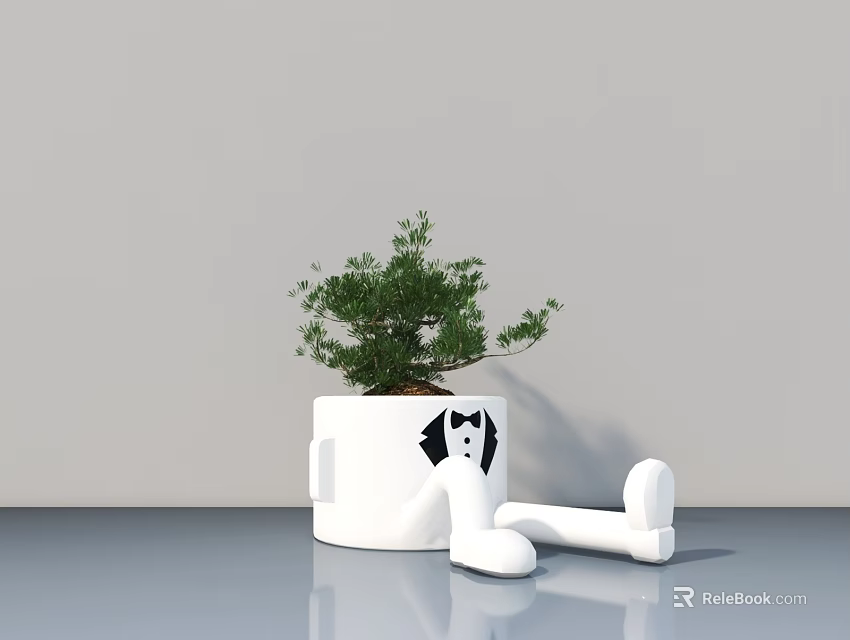 Bonsai Plant In White Decorative Pot With Cartoon Figure Design For Indoor Decor 3d model 