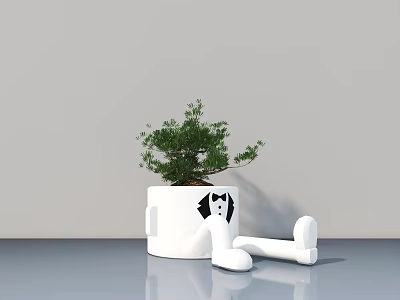 Bonsai Plant In White Decorative Pot With Cartoon Figure Design For Indoor Decor 3d model