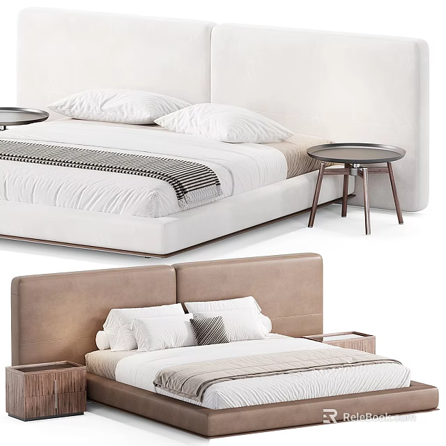 Modern Double Bed Design With Upholstered Headboard Plush Pillows Textured Bed Runner And Side Tables 3d model 