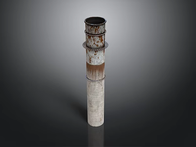 Scenic Industrial Landscape Featuring Rusty Chimney with Metal Rings and Reflective Base 3d model